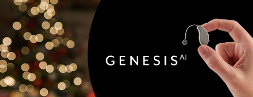 Image of a hand holding a hearing aid with Genesis AI logo and lit-up tree in background