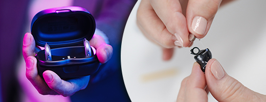 Image of hearing aids in a handheld charger and image of hands inserting a battery into a hearing aid battery door
