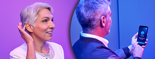 Image of woman putting her hand behind her ear to hear, and image of man holding his mobile phone that shows the My Starkey app