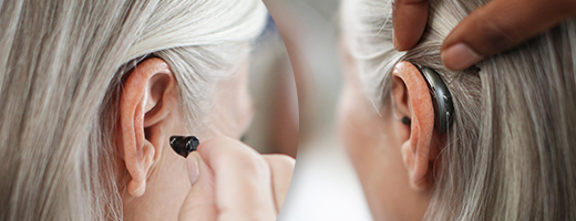 Image of woman inserting a custom hearing aid and image of woman putting on a standard hearing aid, both from behind view